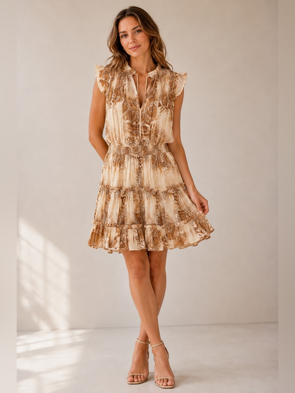 Berenice Paris Paisley Ruffle Tiered Mini Dress Cream Brown Size 40 US 8